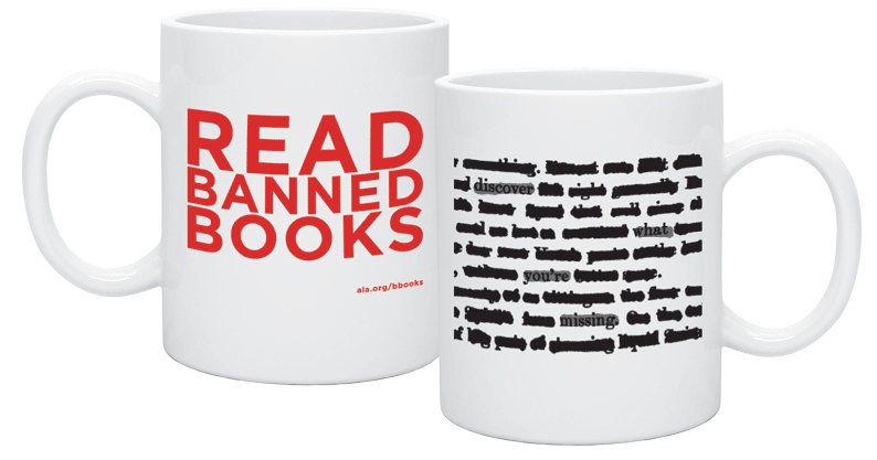 Read Banned Books mugs with redacted text