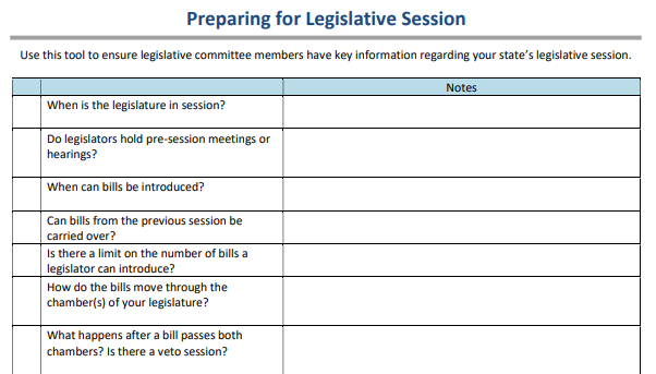 A screenshot of ALA's Preparing for Legislative Session Checklist.