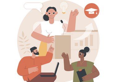 People learning - one presenting idea at a podium, one with an open laptop, one with a clipboard