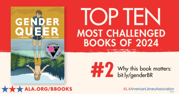 Top Ten Most Challenged Books of 2024. #2 Gender Queer by Maia Kobabe. Why this book matters: bit.ly/genderBR. ALA.ORG/BBOOKS. American Library Association