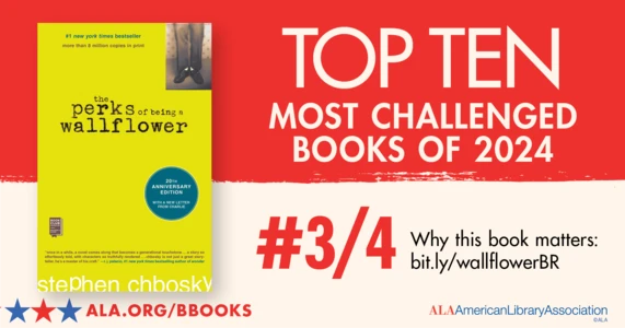 Top Ten Most Challenged Books of 2024. #3 (tie) The Perks of Being a Wallflower by Stephen Chbosky. Why this book matters: bit.ly/wallflowerBR. ALA.ORG/BBOOKS. American Library Association
