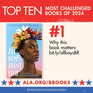 Top Ten Most Challenged Books of 2024. #1 All Boys Aren't Blue by George M. Johnson. Why this book matters: bit.ly/allboysBR. ALA.ORG/BBOOKS. American Library Association