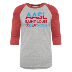 AASL 2025 National Conference Unisex Baseball T-Shirt in red and gray with the AASL25 logo in red and teal.