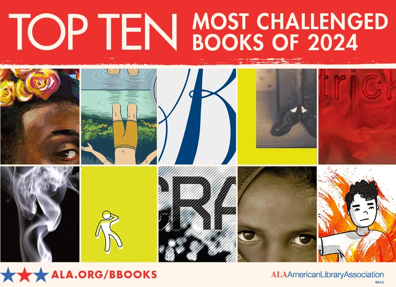 Top Ten Most Challenged Books of 2024. Collage image featuring 10 different book covers. ALA.org/BBooks. American Library Association