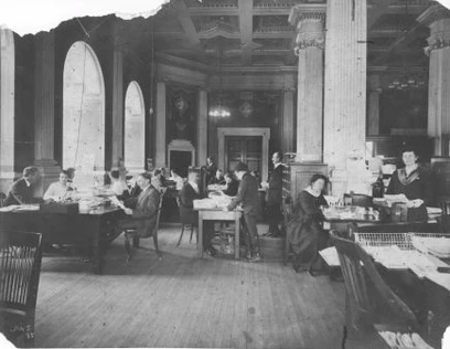 vintage photo from the 1890s of librarians working in the ALA HQ office within the Chicago Public Library