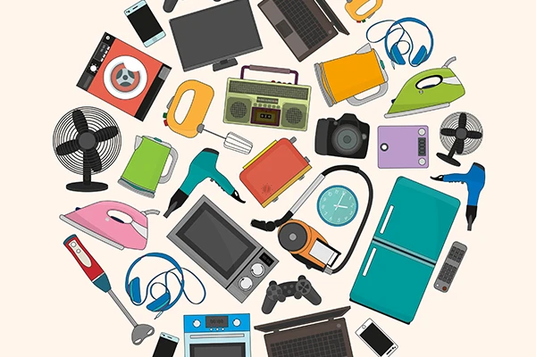 Decorative circle collage of household items.