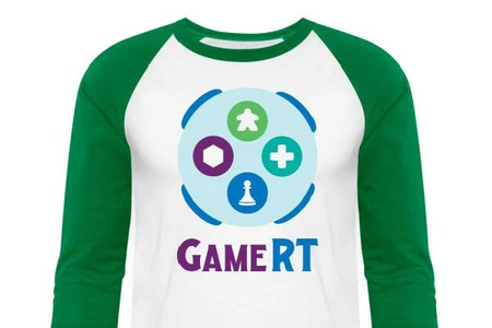 White t-shirt with green sleeves and large GameRT logo centered in the chest area.