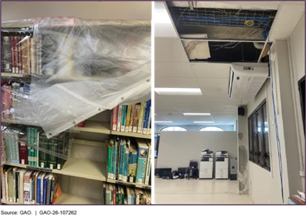 Photographs of two library facilities. On the left, a shower curtain is being used to protect books from a leaking ceiling. On the right, a broken air conditioner unit is located near a ceiling with several panels missing and visible water damage.