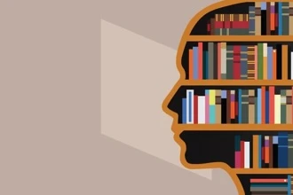 Profile drawing of a person made of shelves of books