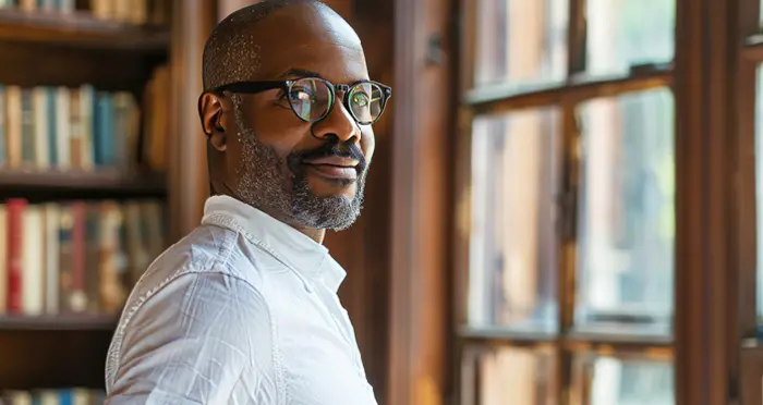 A library trustee in a white shirt with glasses standing near a window, with bookshelves in the background.
