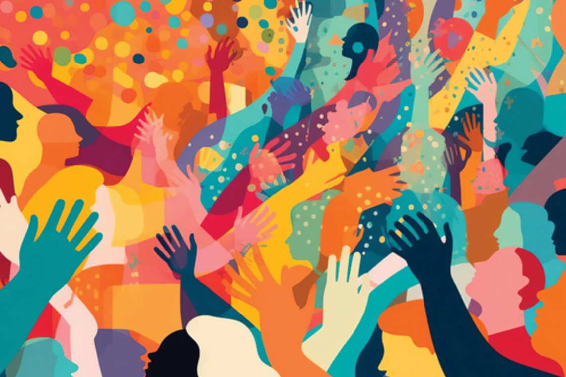 Participation illustration with colorful illustrations of people reaching into the air