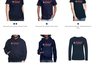 Images of 6 people wearing shirts emblazoned with the "Show Up For Our Libraries" logo.